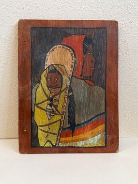 Vintage Folk Art Painted Wood Panel Native American Mother & Cradleboard Child